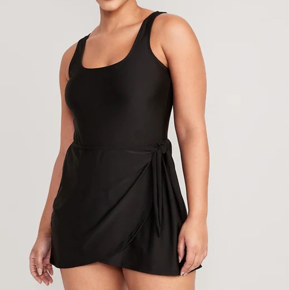NWT Old Navy Women Wrap-Front Swimsuit Swim Dress Side-Tie Sarong Style Black M